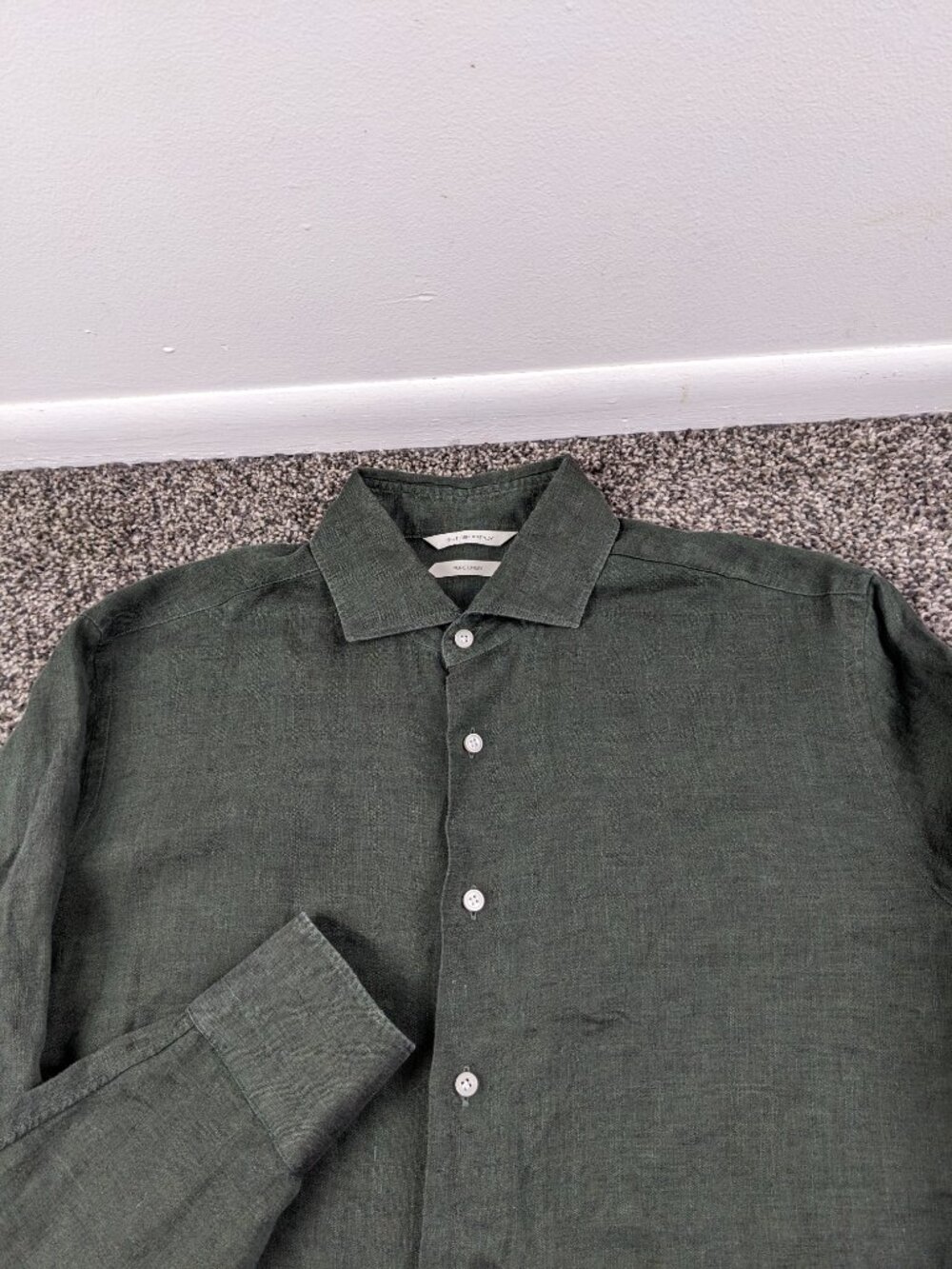 Suitsupply Dress Shirt Leggiuno Pure Linen L/S Button Green Sz 16 16.5 Slim Fit